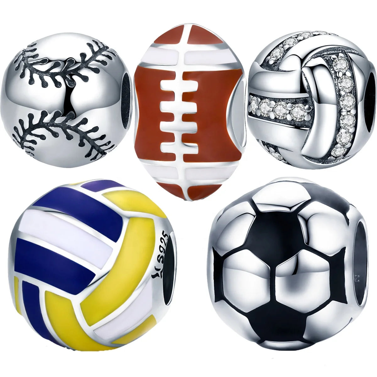 925 Sterling Silver Charm Tennis Ball Volleyball Football Charms Beads Pendant Fit Bracelet Necklace for Women Jewelry