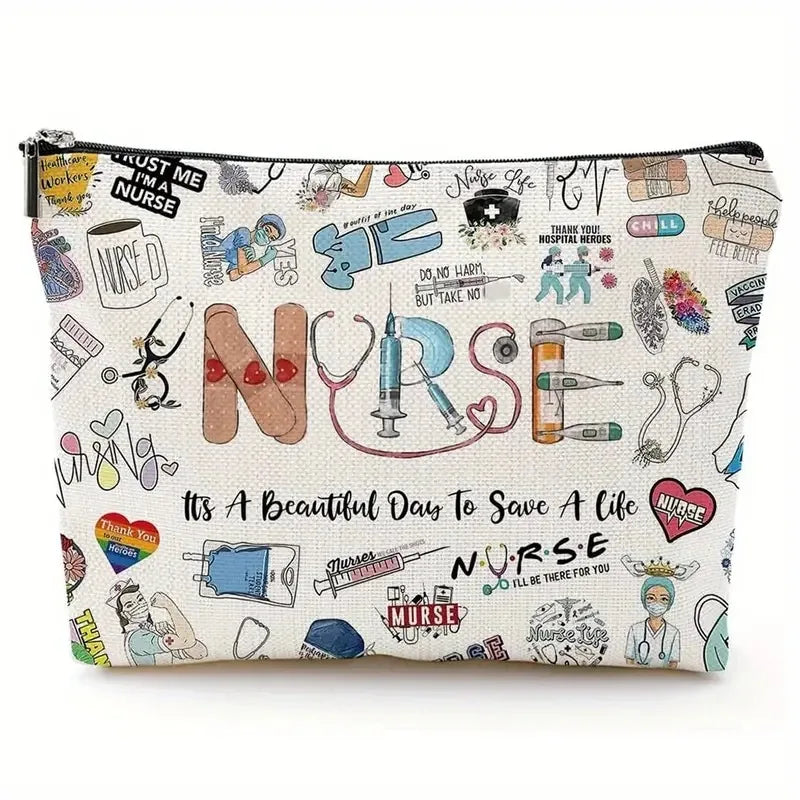 Hot Sale Custom Logo Natural Linen Birthday Thank You Gifts Pouch for Nurse Waterproof Jute Zipper Cosmetic Bag