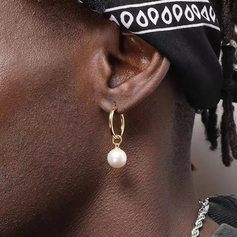 Trendy Baroque Pearls Earrings 18k Gold Plated Freshwater White Pear Dangle Hoop Earrings for Women Men Pearl Drop Earrings