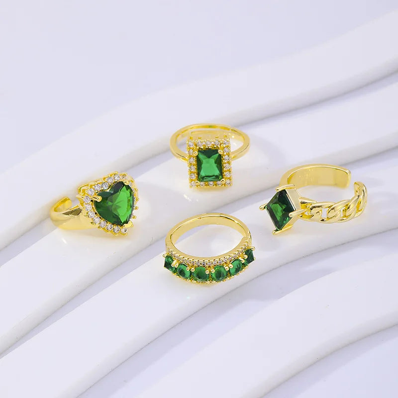 Copper Gold Open Rings Claw Setting Green Heart Square Cubic Zirconia Emerald Rings for Women 18K Jewellery Manufacturer