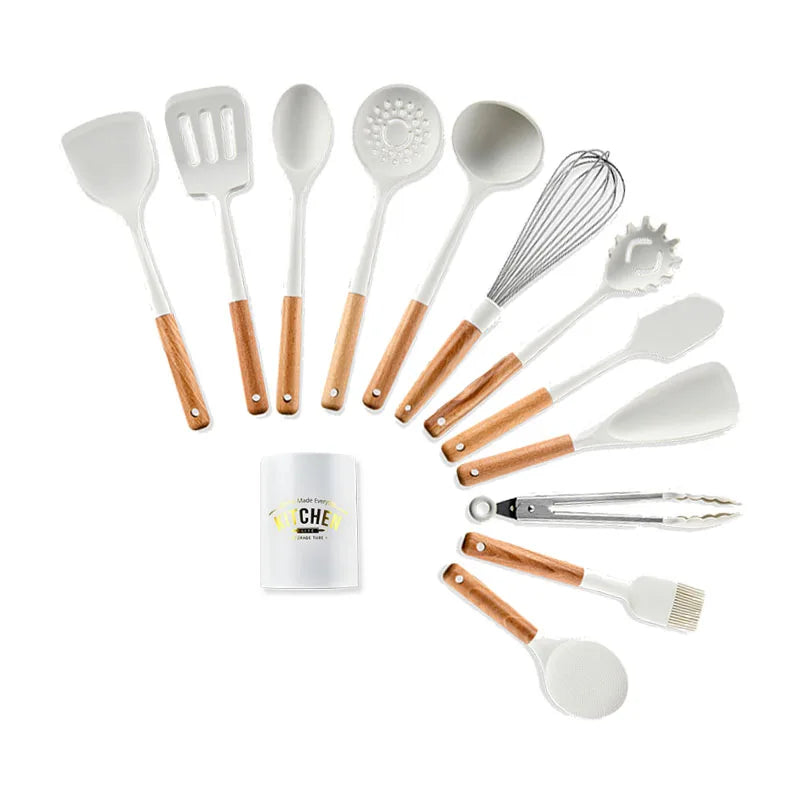 Milk White Wooden Handle Silicone Kitchenware Set 12-piece Non-stick Pot Cooking Shovel Spoon Silicone Kitchenware Set