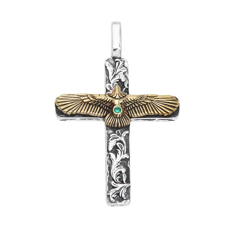 BOCAI Retro Golden Eagle Set Green Zircon Snap Open Tang Grass Pattern S925 Sterling Silver Cross Man Pendant Chain Gold Plated
