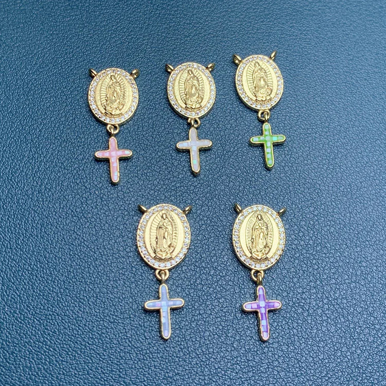 CZ8617 Daint 18k Gold Plated Rosary Centerpiece CZ Virgin Mary Saint Halo With Shell Cross Charm Pendants for Necklace Making