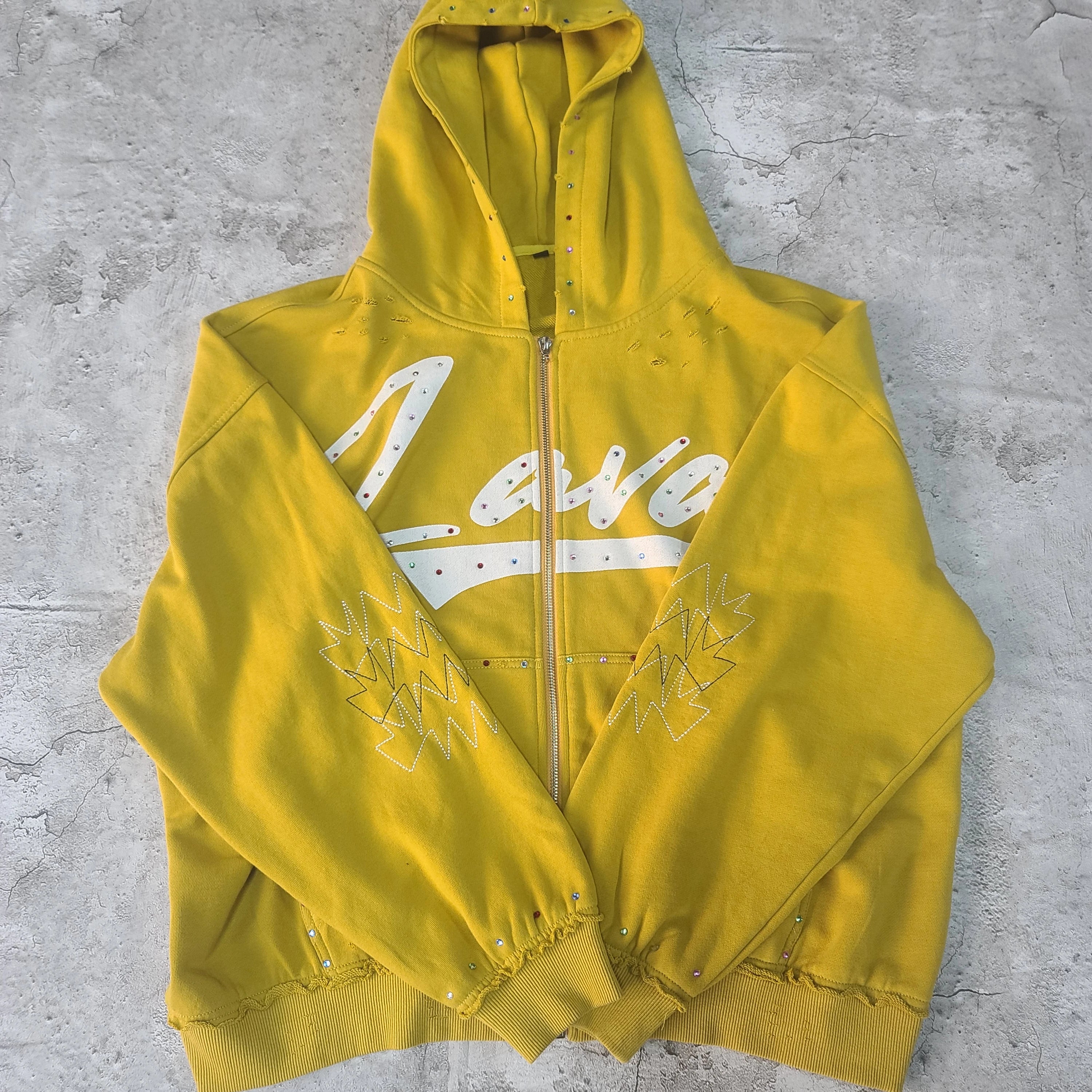 OEM 500GSM Heavyweight Streetwear Hoodie for Men Vintage Washed Boxy Fit Zip up Custom Rhinestone Logo Pullover