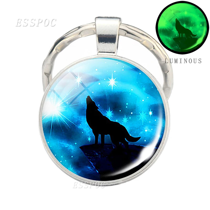Glow in Dark Wolf Keychain Howling Wolf Luminous Glass Cabochon Pendant Keyring Car Key Holder for Boyfriend Gifts