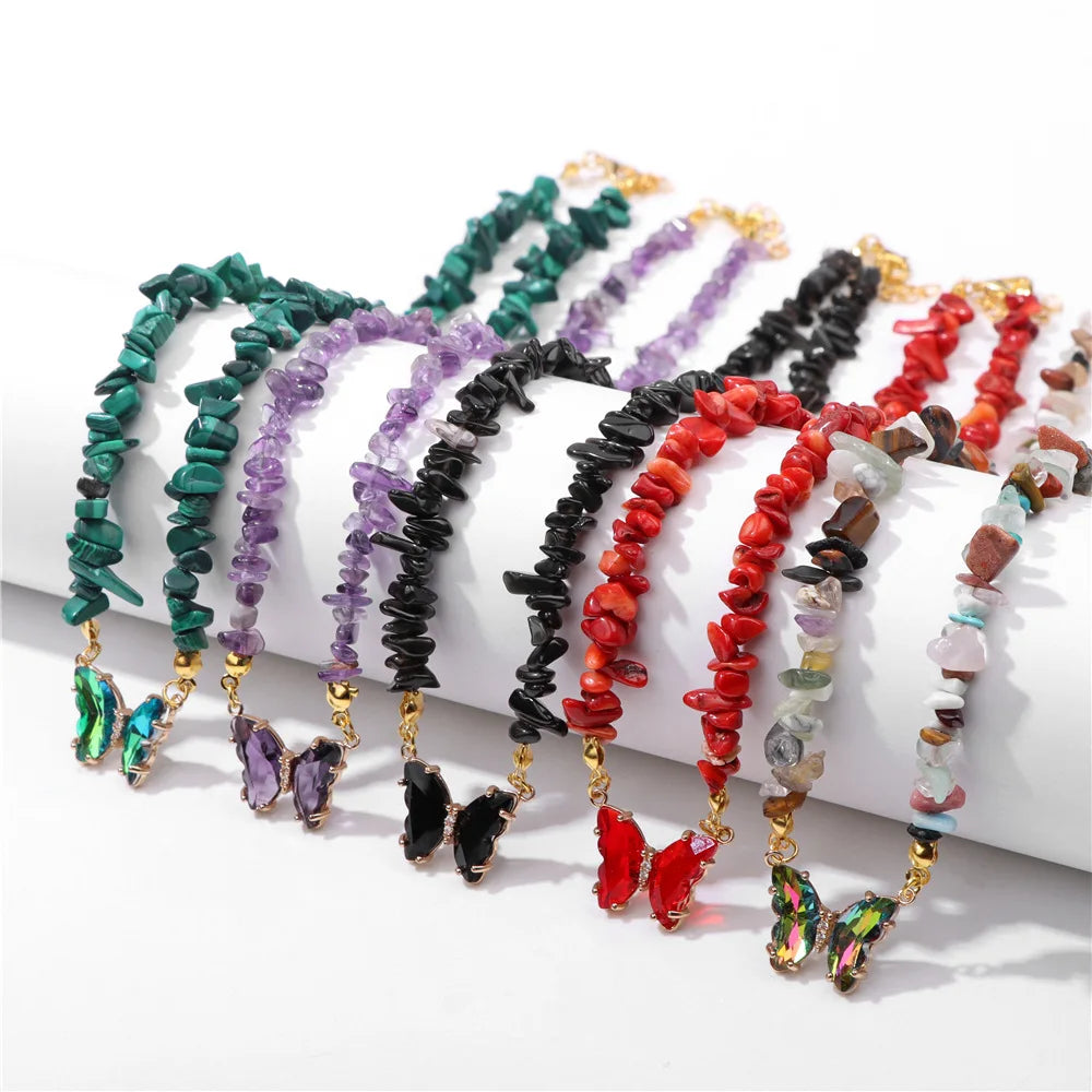NEW Creativity Natural Stone Gemstone Jewelry butterfly Gravel Pendant Necklace Crystal Amethyst Rose Quartz Necklace