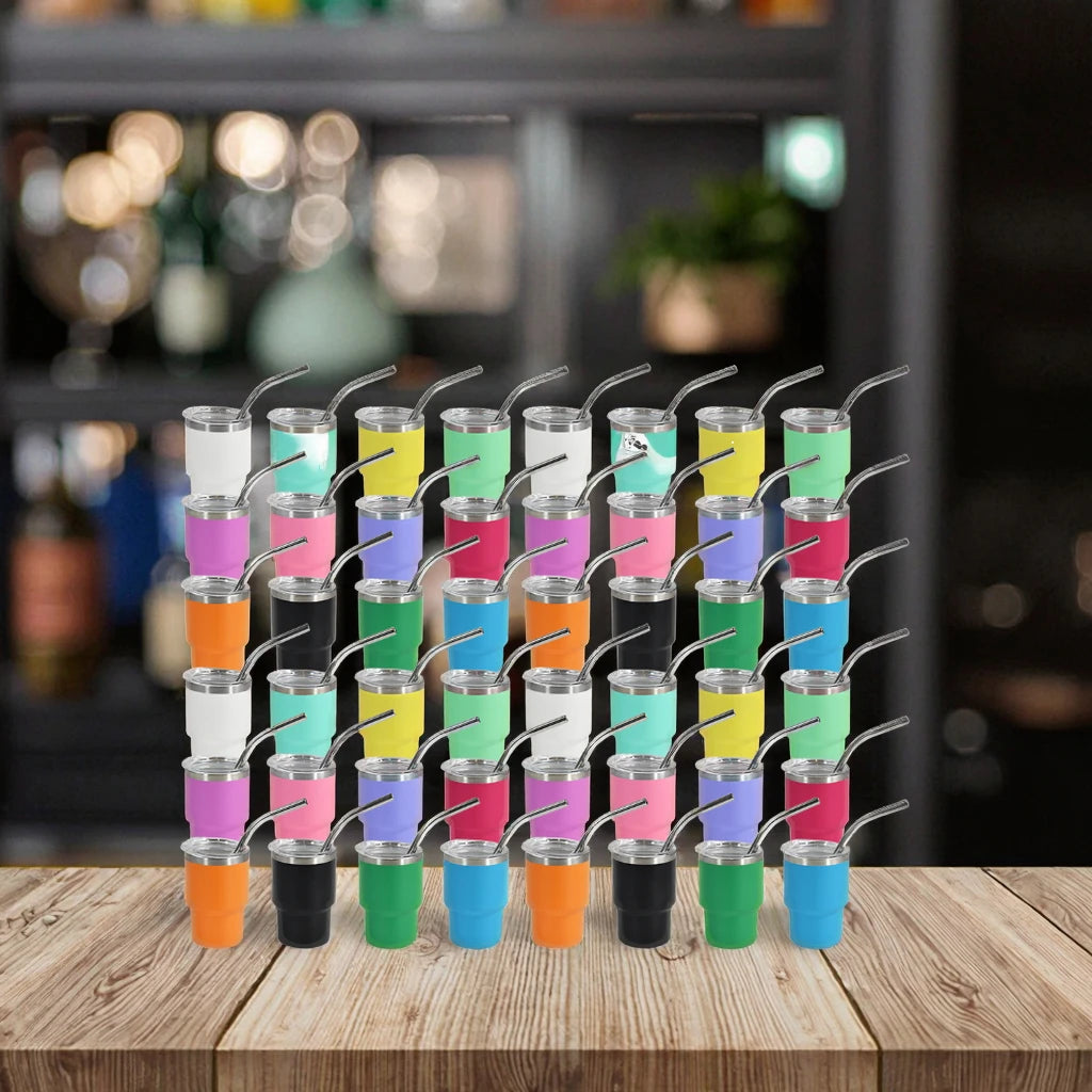 48pcs Mixed Colors 3oz Shotglass Laser Engraved Stainless Steel Tumblers Metal Straw Powder Coated Mini Shotglass Gift Cup