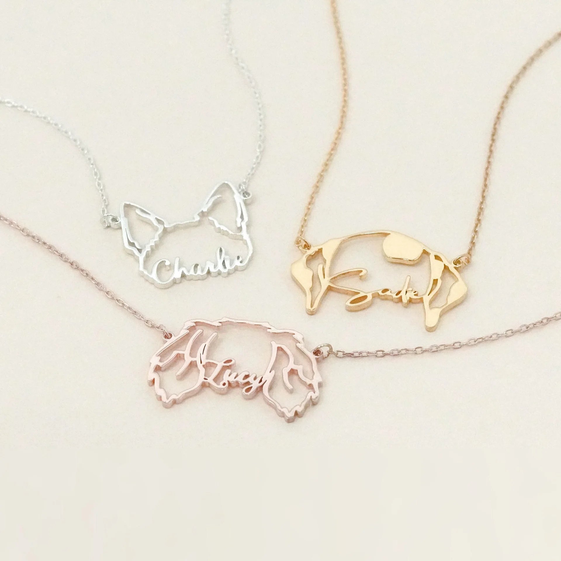Customized Stainless Steel Name Engraved Cat and Dog Ear Pendant Necklace