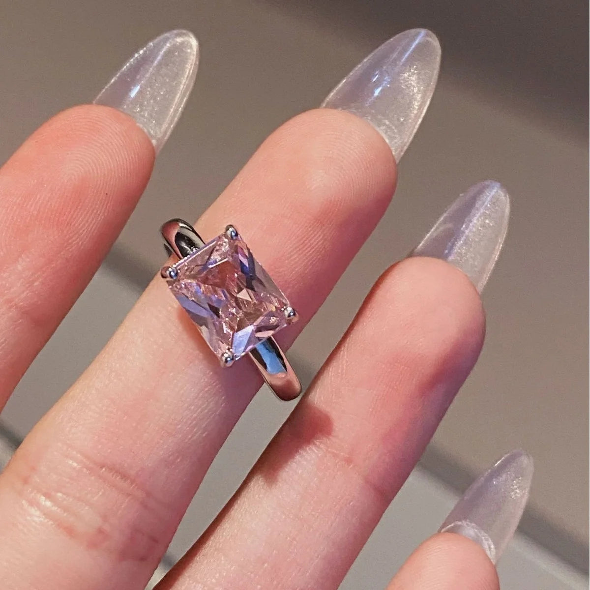Aimgal Emerald Cut Ice Pink Cocktail Ring 5A Zircon Platinum-Plated S925 Silver Open Adjustable Trendy Wedding Party Fine