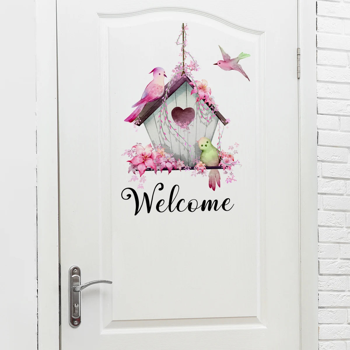 Pink Green Birds Wall Sticker Welcome Murals Self-adhesive and Removable Wallpaper Living Room Decals