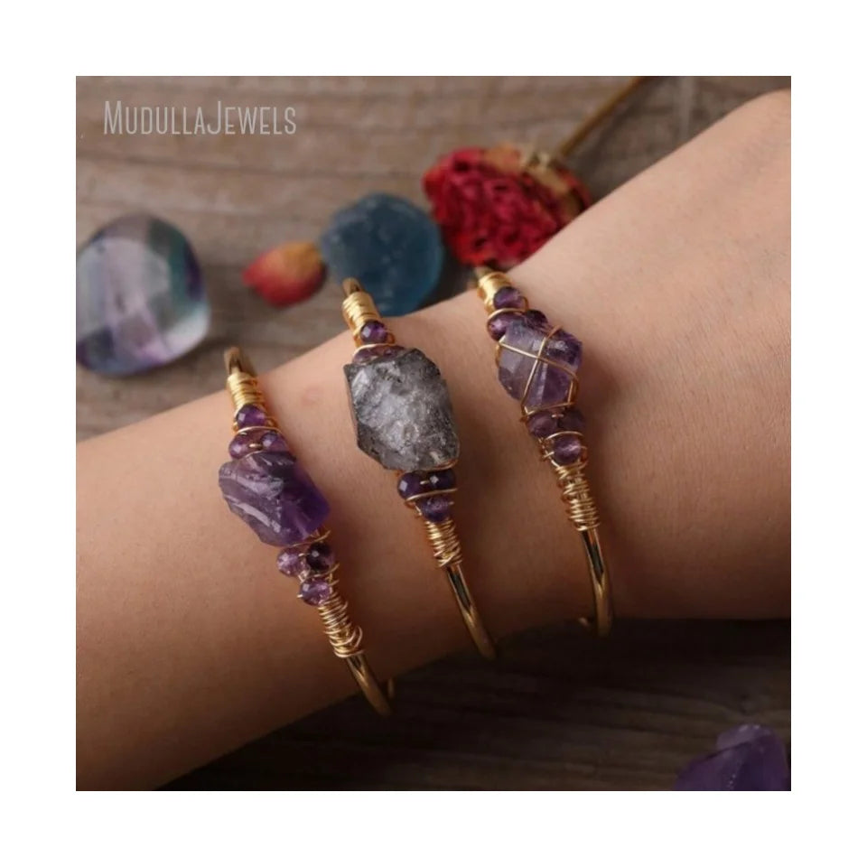 BM46695 Raw Amethyst Crystals Healing Stones Wire Wrapped Gold Plated Cuff Bangle Adjustable Wire Wrapped Bracelet Boho Jewelry