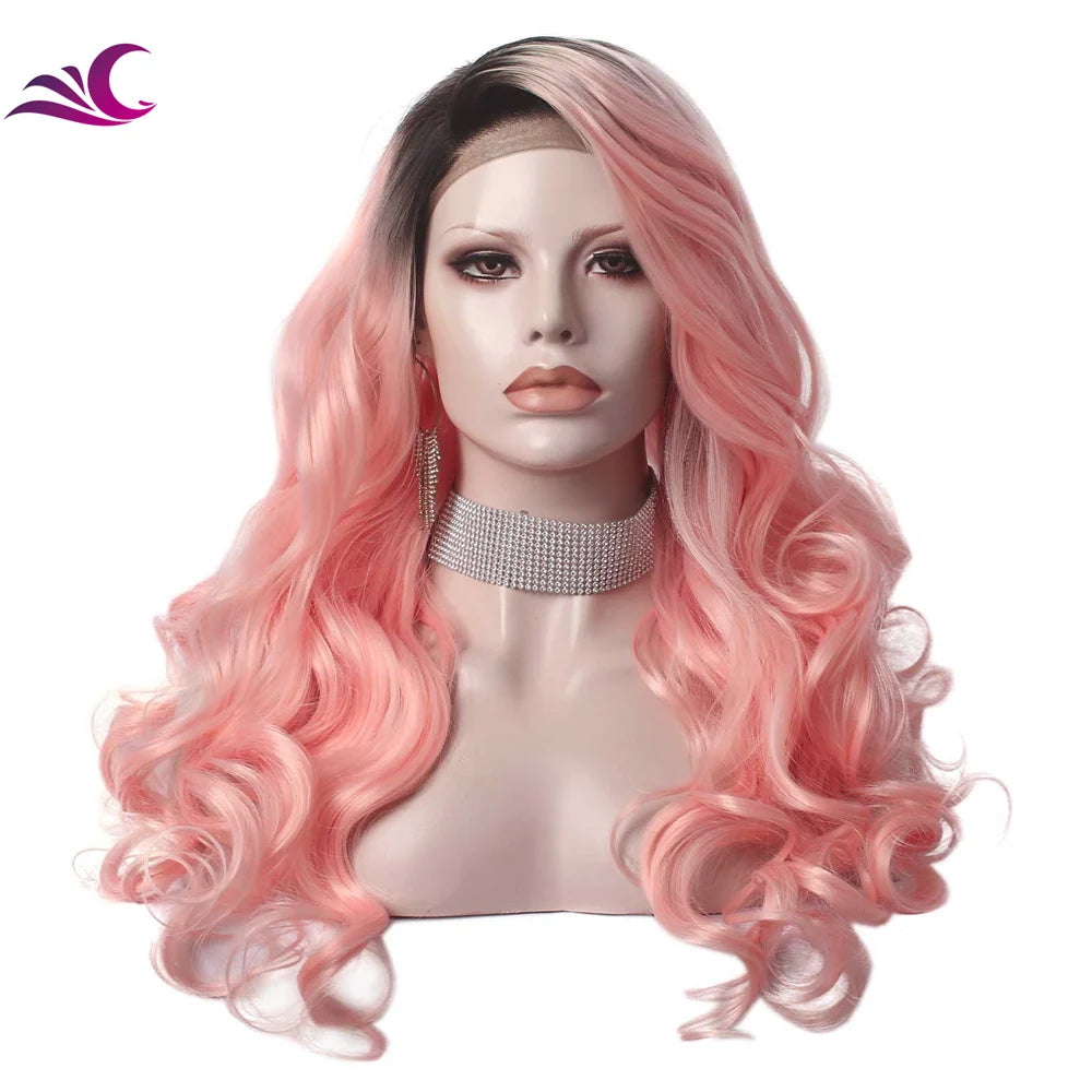 Celebrity Best Hot Selling Wholesale 13x3 Lace Front Pink Long Natural Hairline Lace Front Synthetic Hair Wigs