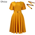 Ohsisa Africa Women Elegant Summer Yellow Dress Puff Short Sleeve O-neck A-line Ruched Ladies Office Solid Color Party Dresses