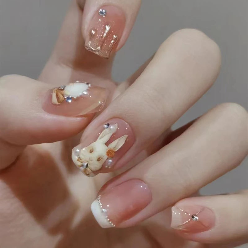 Factory Wholesale 24Pcs ABS Finger Short Square Cute Rabbit False Nails Press on With Nail Glue