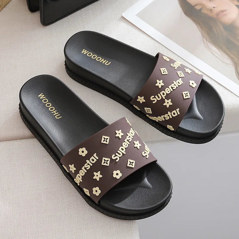 Women's Soft Bottom Solid Colour Fashion One Line Slippers Simple Indoor Outdoor Walking Flat Bottom Women Slippers Casual Shoes