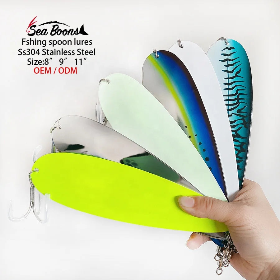Wholesale 8" 9" 11" Stainless Steel 304 316 Custom Fishing Baits Metal Spoon Heavy Sequin Metal Spinner Baits