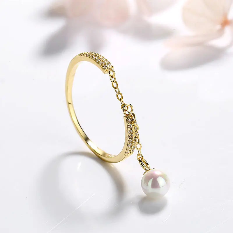 ZHILIAN Fine Jewelry Adjustable Pearl Ring Fashion Jewelry Classic Designs Gold Ring for Women