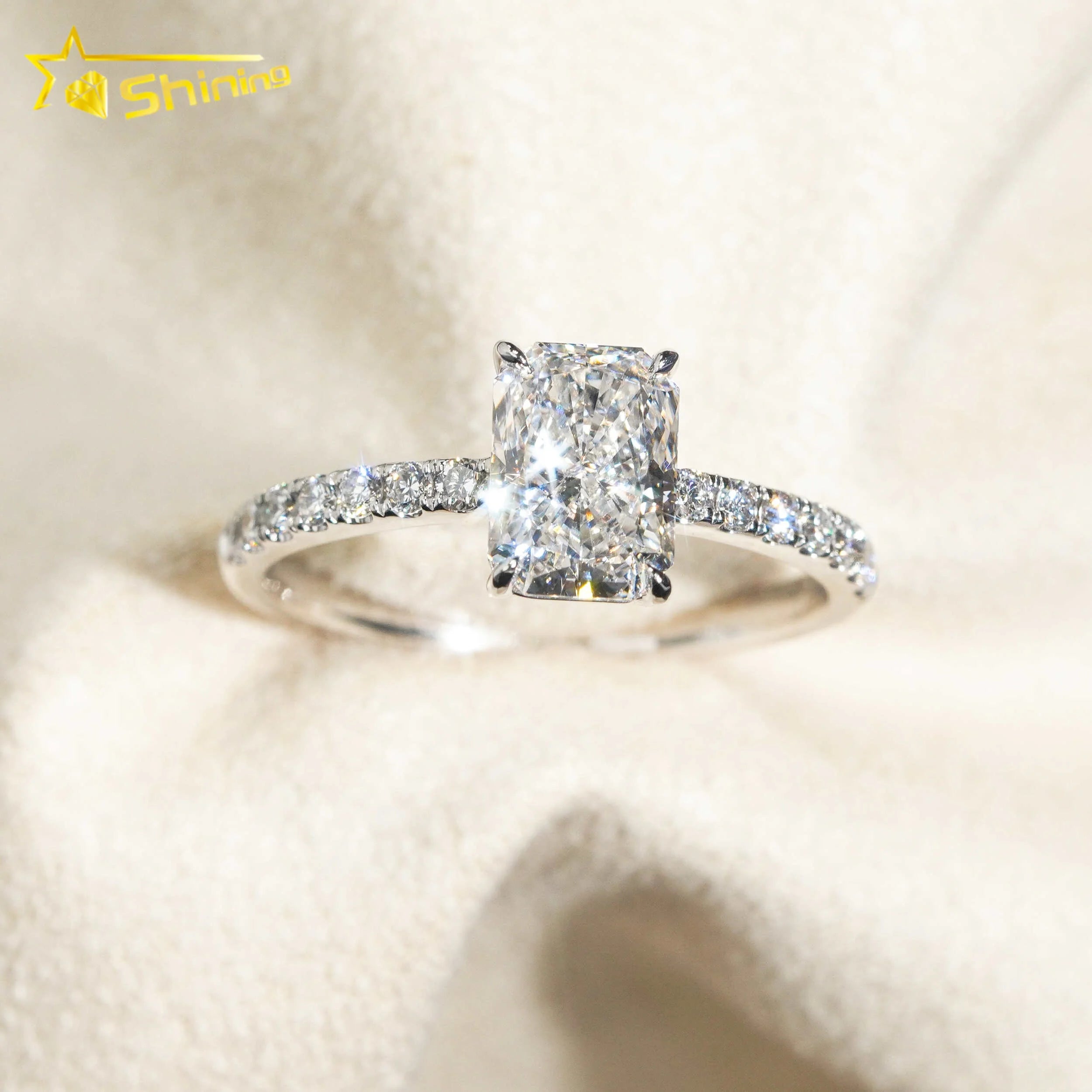Emerald Cut 1.5ct VVS1 Lab Grown Diamond CVD Mirco Pave Engagement Ring 18K Solid Gold Wedding Ring