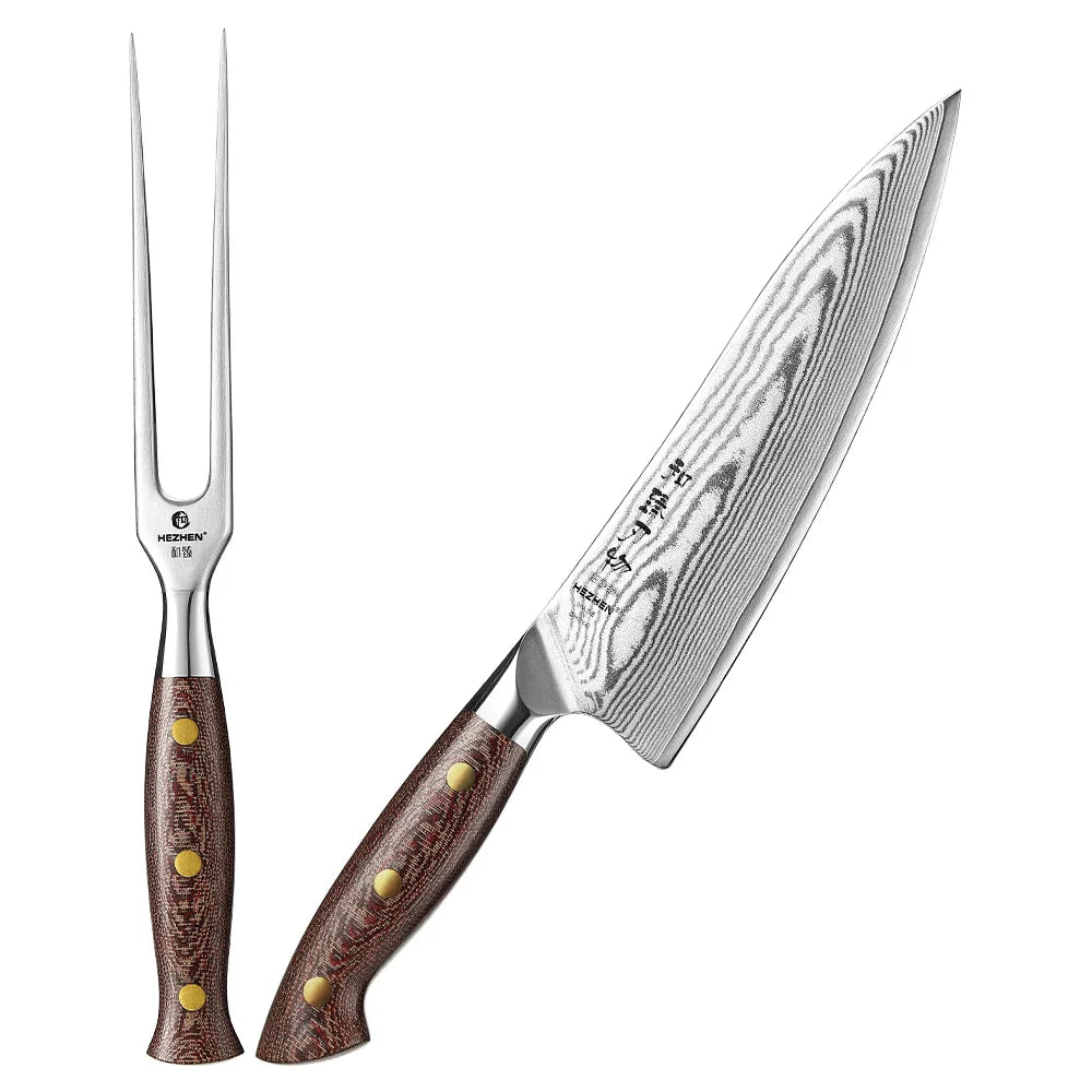 XINZUO Chef Knife Carving Fork 2 Pcs Set Custom Damascus Steel Kitchen Knives Micarta Handle BBQ Cooking