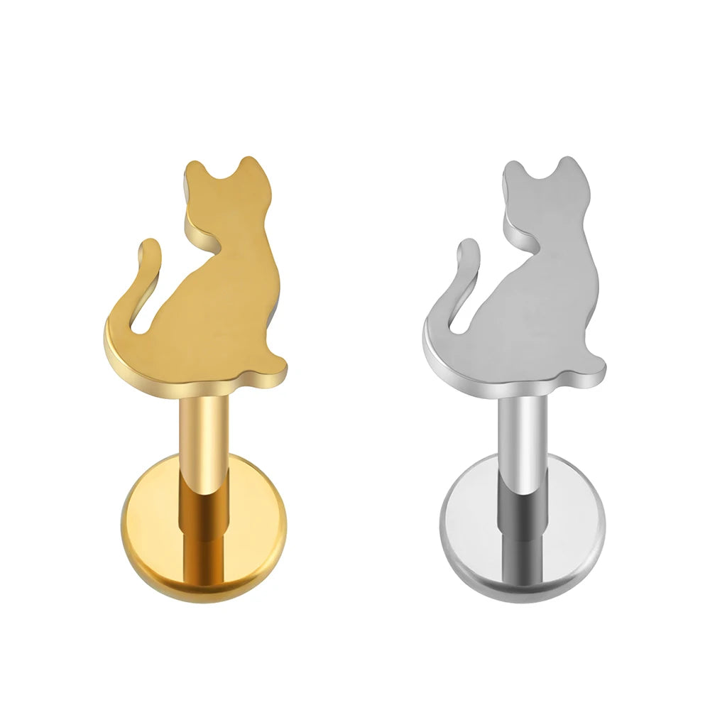 Right Grand ASTM F136 Titanium 16G Cute Sitting Cat Labret Monroe Lip Ring Tragus Cartilage Helix Stud Ear Lobe Piercing
