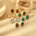 Hypoallergenic French Vintage Gold Plated Stainless Steel Oval Gemstone Stud Earrings for Women Imitation Pearl Earing Jewelry