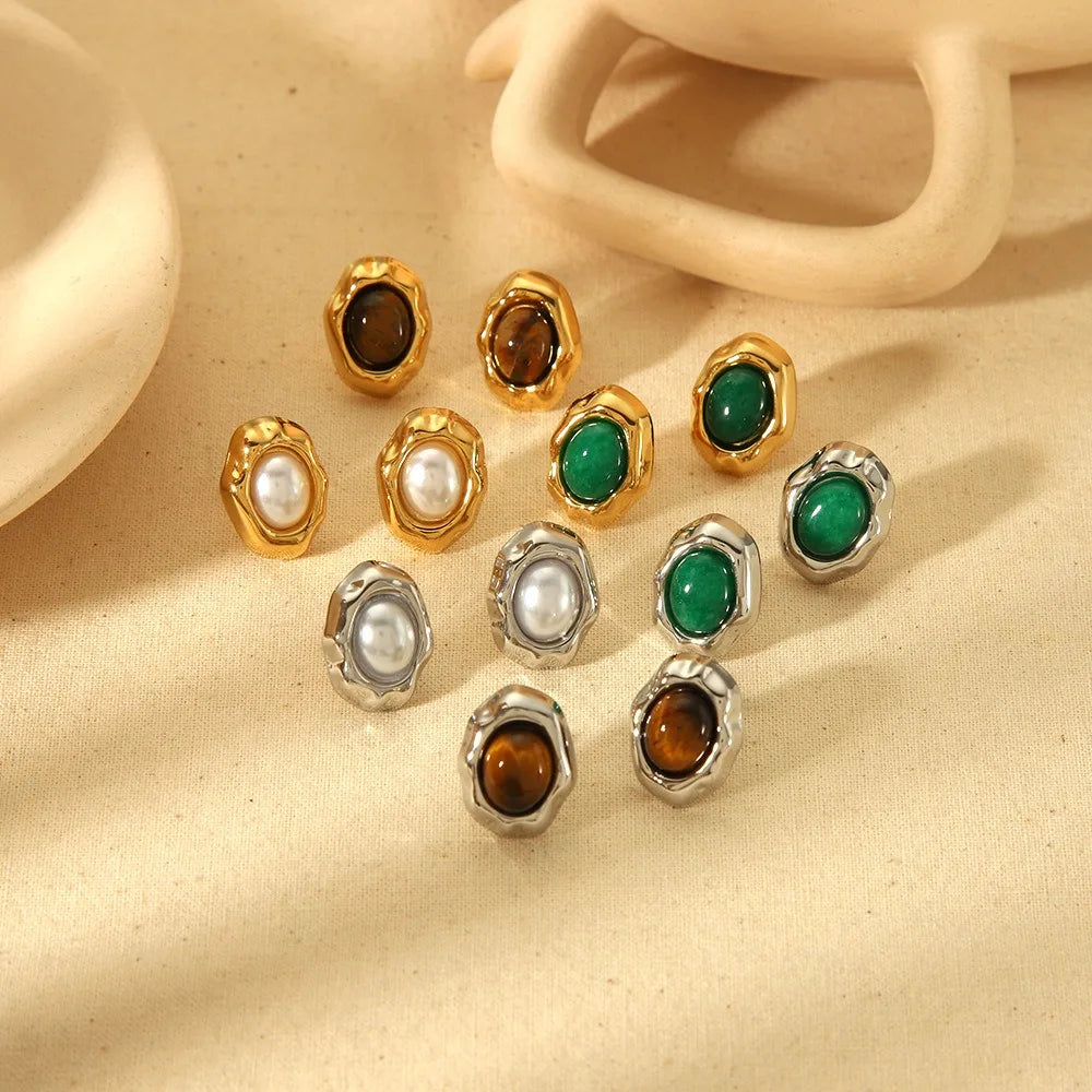 Hypoallergenic French Vintage Gold Plated Stainless Steel Oval Gemstone Stud Earrings for Women Imitation Pearl Earing Jewelry
