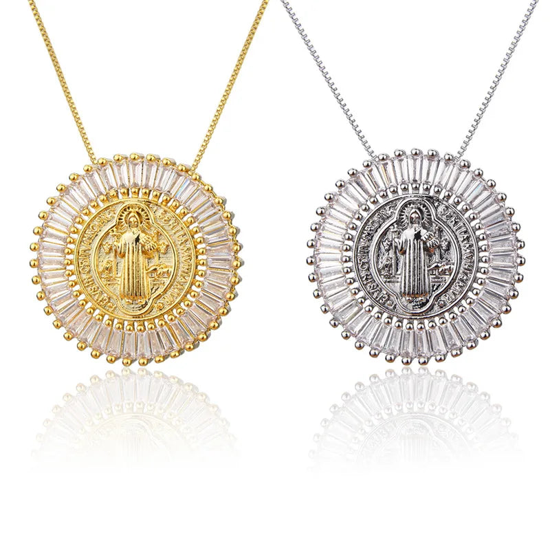Trendy Luxury Micro Pave Cubic Zircon Virgin Mary Round Disc Pendant Necklace Gold Plated Religious Clavicle Necklace for Women