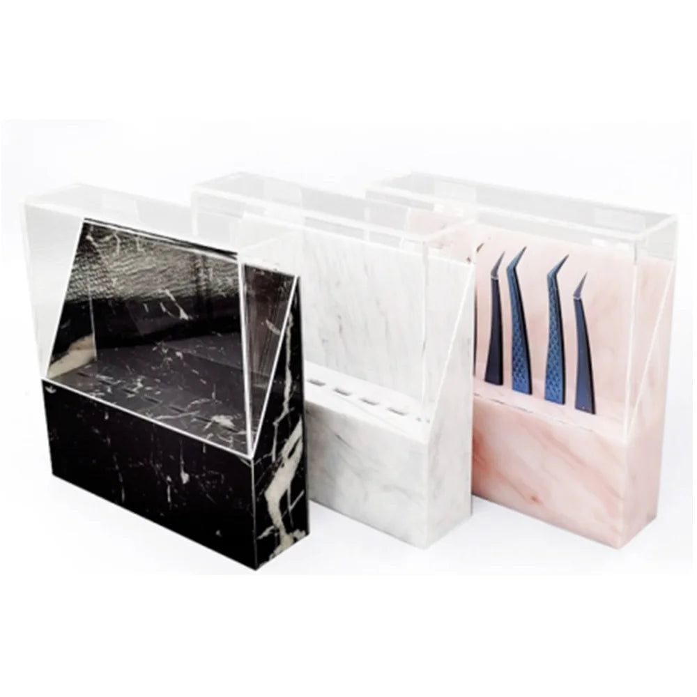 Custom Logo 8 Holes Marble Acrylic Las Eyelash Extension Tweezers Display Storage Pearly White Pink Tweezer Holder