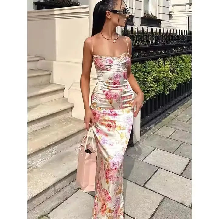 Summer Spaghetti Strap Floral Print Party Dresses Elegant Maxi Bodycon Wedding Guest Holiday Dress New in Dress 2025