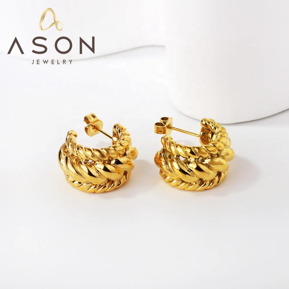 Ason 2023 New Fashion Wholesale Waterproof Stainless Steel Earrings Twist Braid Graphics Open Half Round Earrings for Women