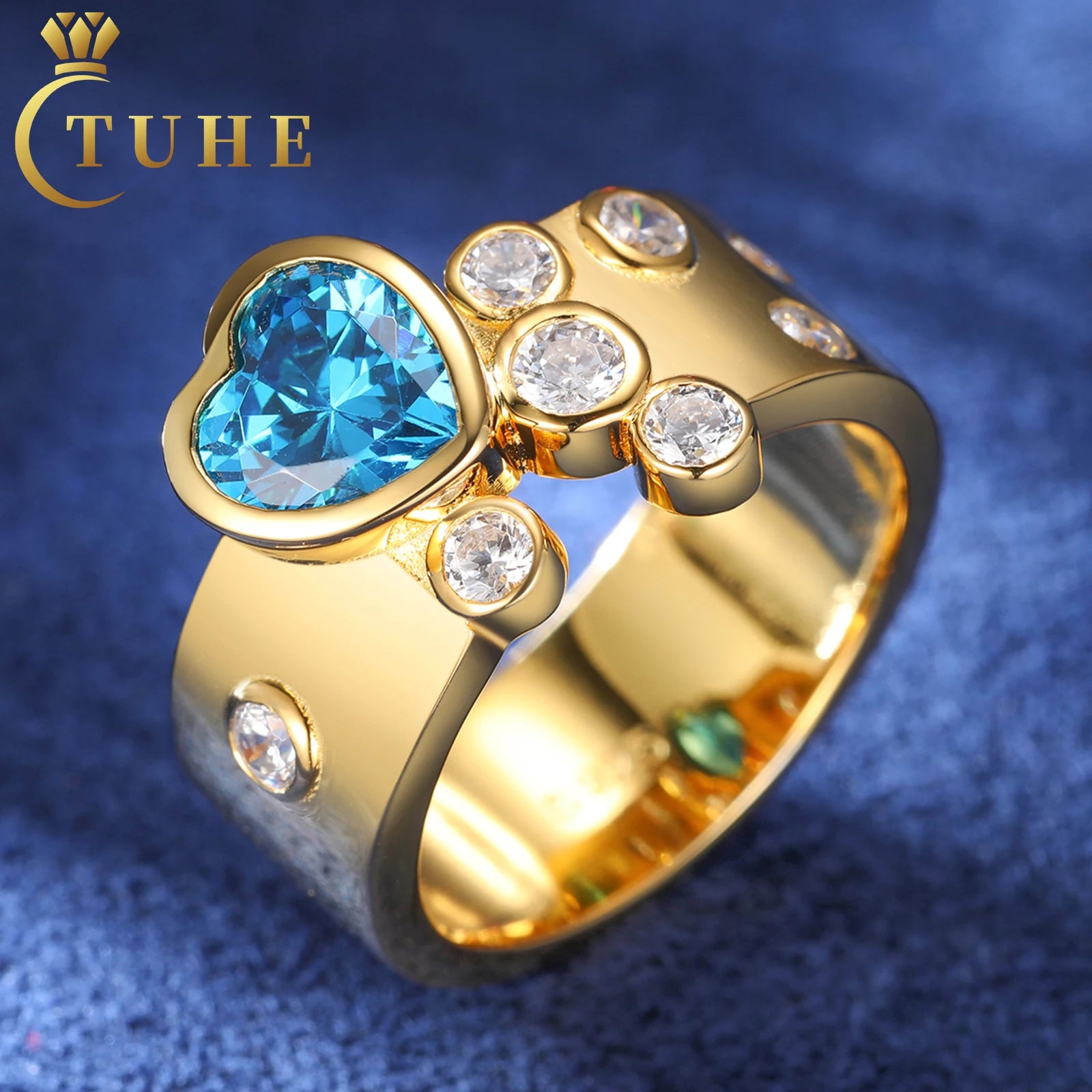 Fashion Wedding Jewelry Gift Plain Gold Style 925 Sterling Silver Heart Cut Blue CZ VVS Moissanite Diamond Band Ring for Couple