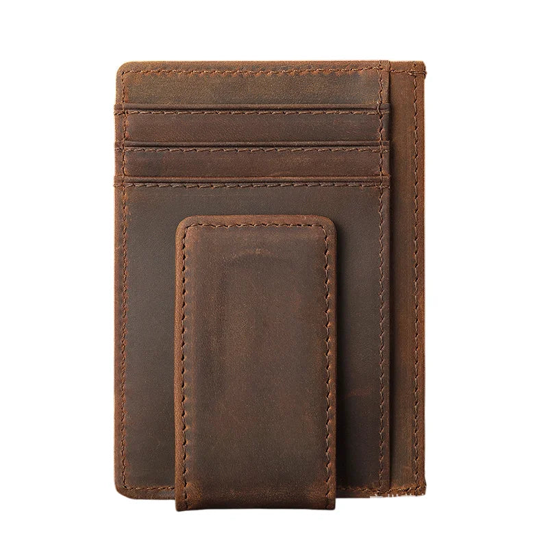 Custom Vintage Genuine Leather Slim RFID Blocking Card Holder Wallet with Magnetic Money Clip Wholesale Corporate Executive Gift