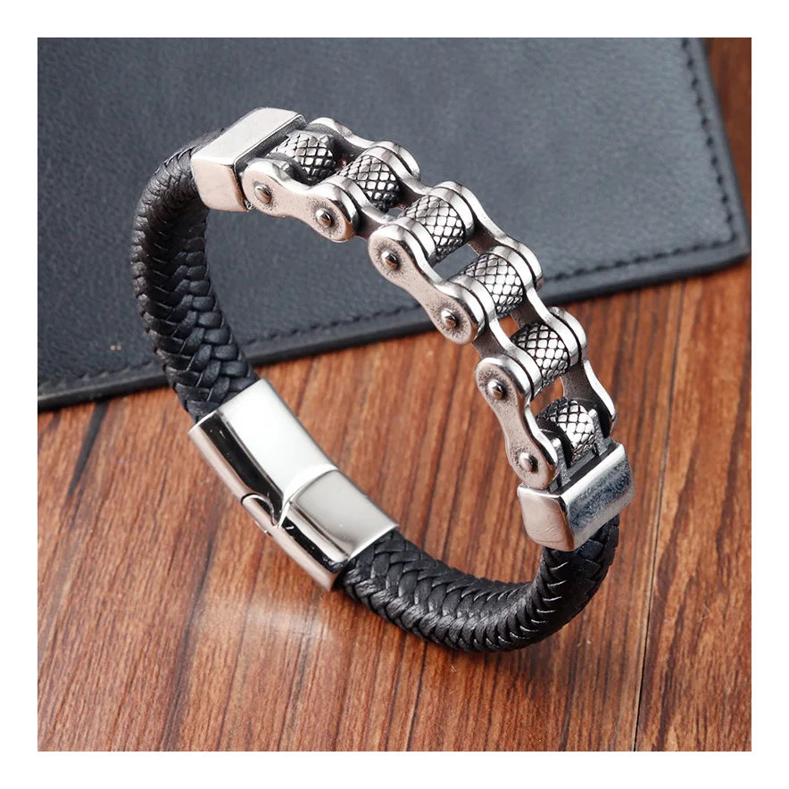 Stainless Steel Bike Chain Charm Bracelet Handmade Woven Braided Rope Magnetic Genuine Leather Bracelets for Men Jewelry OT-261