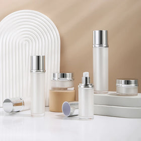 Wholesale Skincare Package Acrylic Cream Jar Cosmetics Set Luxury Empty Airless Lotion Pump Cosmetic Bottle with Silver Cap