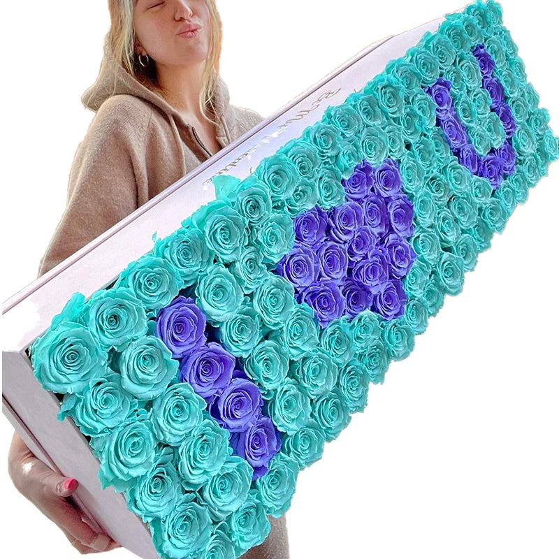 Wholesale Blue Square Preserved Rose Head Gift Box Eternal Roses in Red for Graduation & New Year Occasions