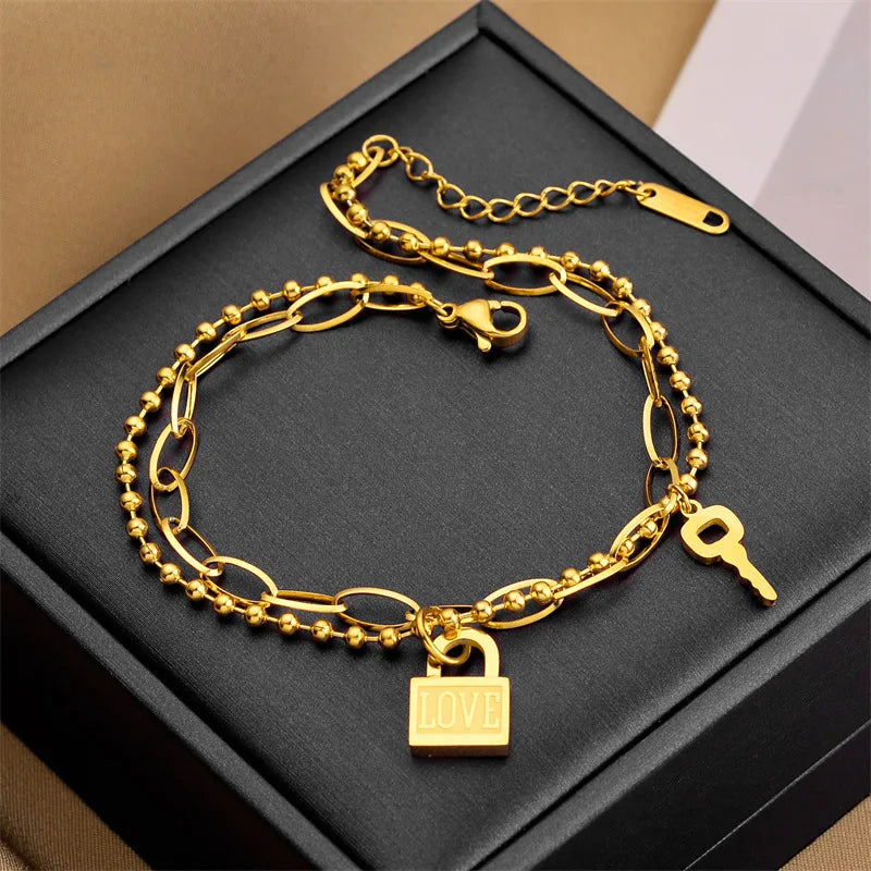 18K Gold Plated Titanium Steel Padlock Pendant  Waterproof Stainless Steel Double Layer Key Paperclip Chain