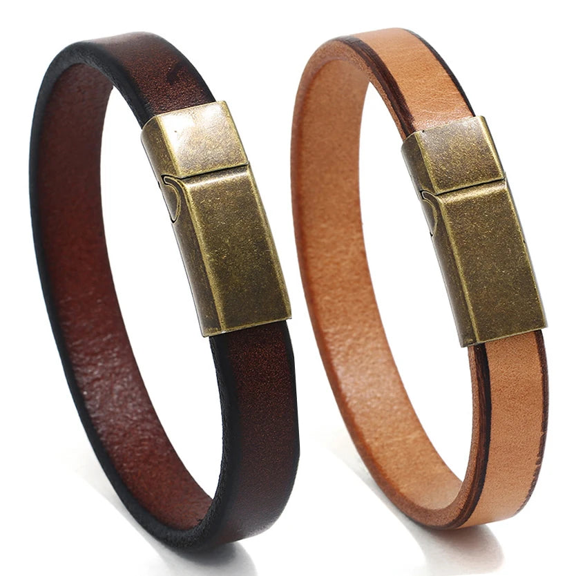 Punk Style Stainless Steel Magnetic Buckle Black Brown Plain Real Genuine Cow Leather Cuff Bracelet Jewelry for Men