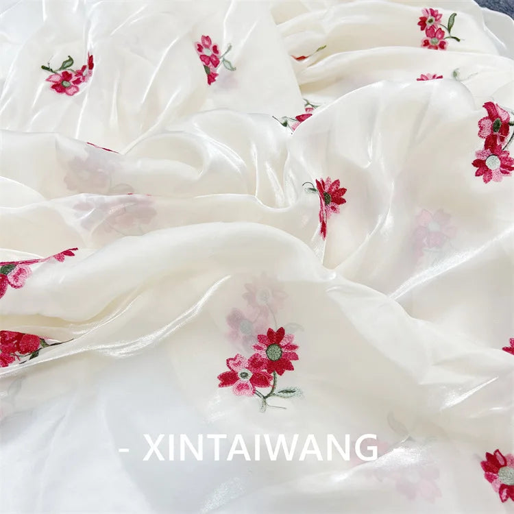 Customized Double Side Shiny Silk Red Flower Embroidery Fabric High-End Weft Knitted Wedding Use Woven with Embroidery Technique