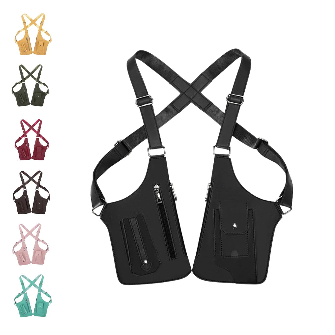 Hot Selling Vintage Waterproof PU Utility Gun Vest Custom Embossed Logo Phone Anti Theft Crossbody Sling Leather Harness Bag