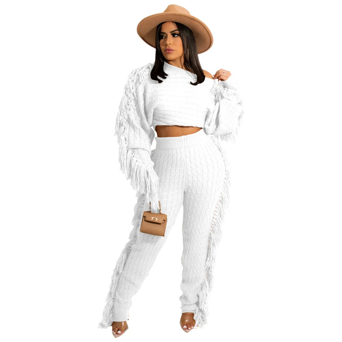 2022 New Arrivals Ladies Autumn Long Sleeves Tassel Outfits Winter Women Two Piece Set