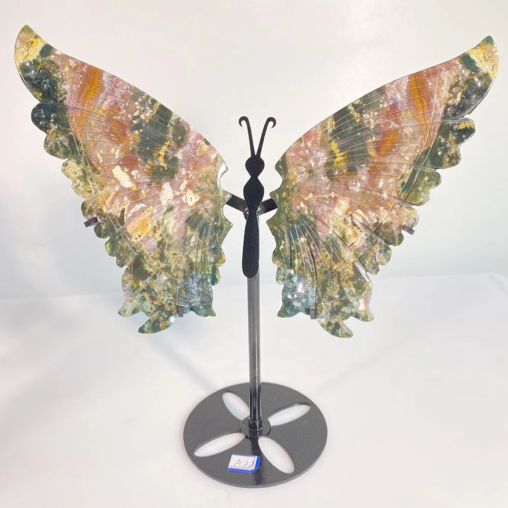 1Pair Big Size Natural Gemstone Butterfly Carving Healing Stones Ocean Jasper Crystal Butterfly Wing Carving Gifts