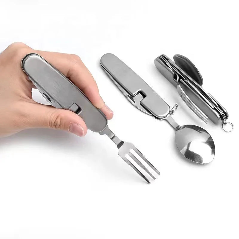 4 in 1 Folding Knife Fork Spoon Opener Stainless Steel Multi Tool Travel Outdoor Portable Camp Cutlery Set