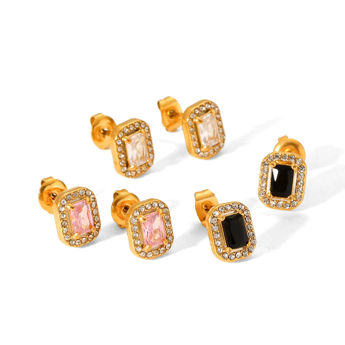Luxury Stainless Steel 18K Gold Fashion Dainty Geometric Inlaid Zircon Square Stud Earrings for Women Gift