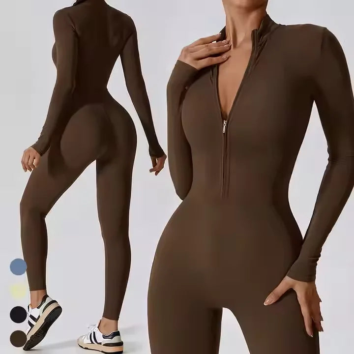 Bnice Womens Yoga Jumpsuit Zipper Long Sleeve Playsuit & Jumpsuit for Fitness & Gym One Piece Lightweight Breathable Bodysuit