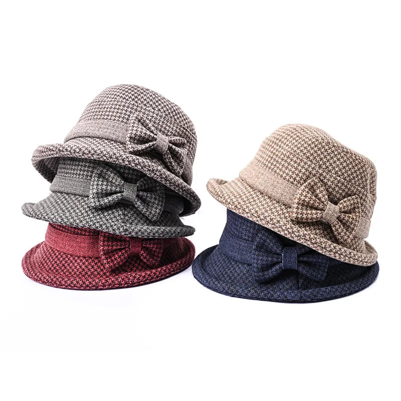 Middle Aged Women Winter Elegant Party Hats Vintage Cloche Bowler Cap Felt Bowknot Warm Bucket Cap