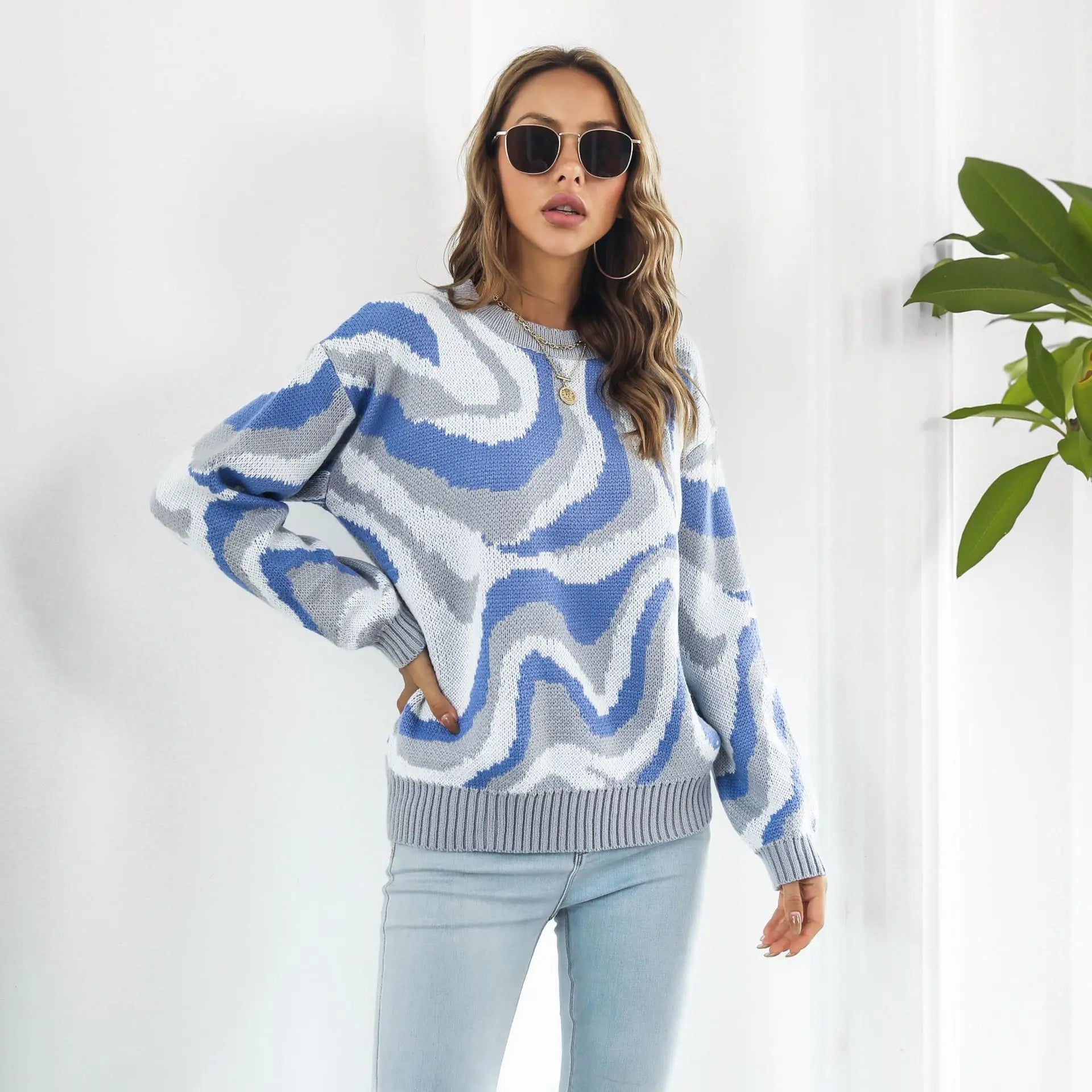 European and American Wave Pattern Knitted Sweater Loose Color Block Knitwear Casual Dye Jacquard Pullover Sweater for Women