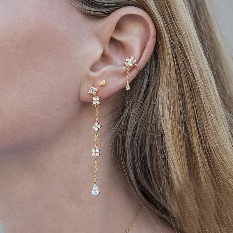 Hot Selling Brass Cz Flower Stud Earring Tassel Petal Gold Plated Pendant Crystal Earrings for Women