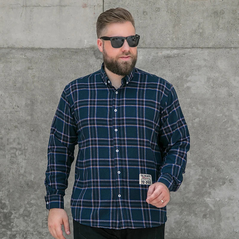 Men's Shirts Large Size Plaid Shirts Men's Long-sleeved Pure Cotton Casual Shirts Enlarged Widened and Fat Shirts