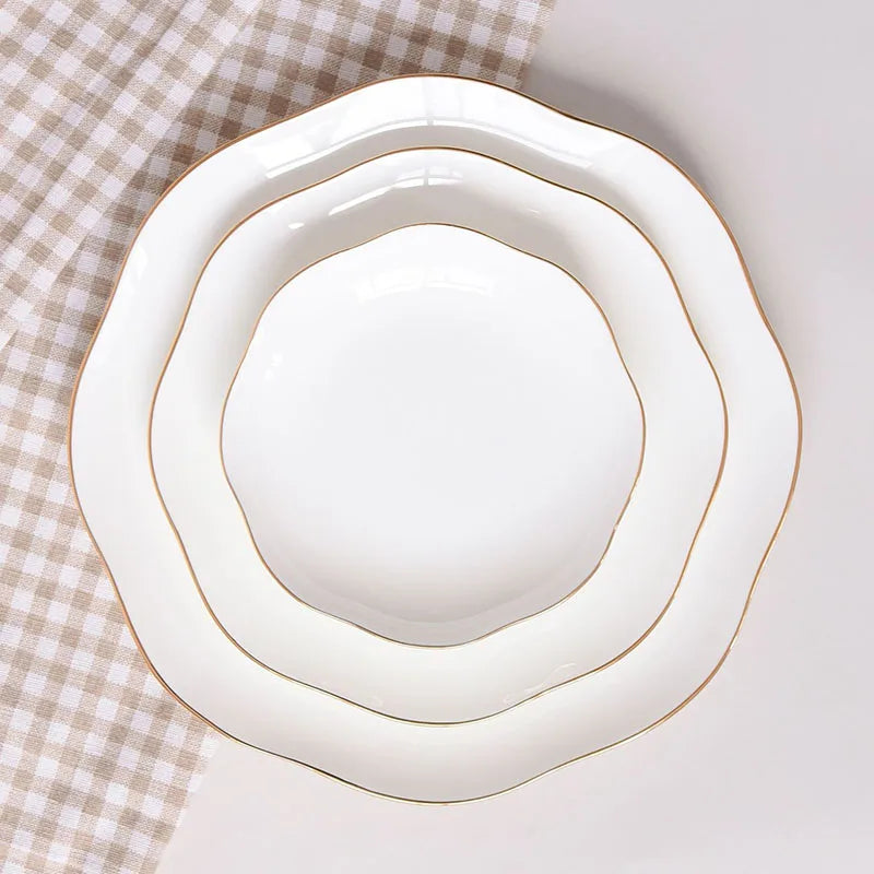 Factory Direct Sell Lace White Ceramic Dinner Plate Household Gold Rim Western Dessert Plate