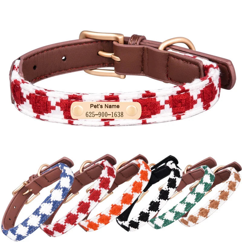 Custom Engraved Pet ID Tag Breathable Braided Leather Dog Collar and Leash Set with Personalized Puppy's Name Lettering